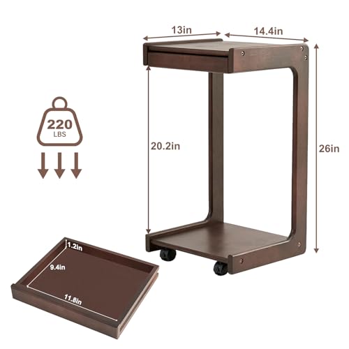 Image of Uniclinens C Table for Sofa, Rolling Side Table with Wheels, Sofa Table with Storage, Narrow Sofa Tray, Skinny Thin Side Table, Solid Wood Slim Small Couch End Table for Living Room, Walnut