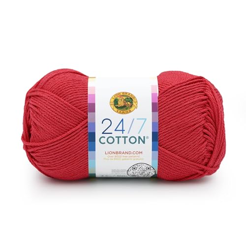 Image of Lion Brand Yarn, 24 /7 Cotton Yarn, Cherry Pop, Red, 1 Pack | Light Worsted 100% Mercerized Cotton Yarn for Crochet, Knitting, Craft, 185 Yards of Natural Fiber for Tees, Bags, Dishcloths