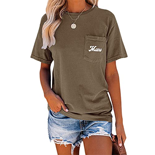 Image of NIUBIA Women's Letter Print Basic Crew Neck Tee Summer Short Sleeve T-Shirt with Pockets Loose Fitting Tops