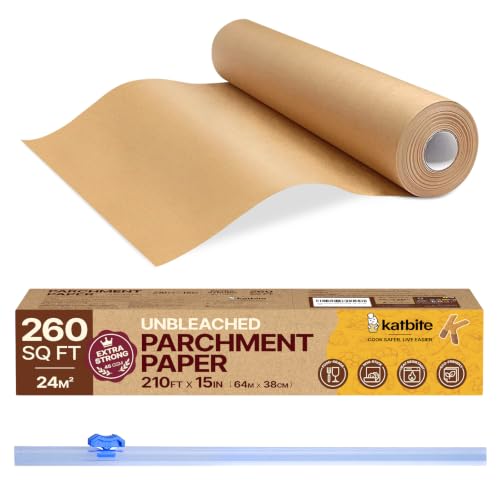 Katbite Unbleached Parchment Paper for Baking, 15 in x 210 ft, 260 Sq.Ft, Heavy Duty Baking Paper with Slide Cutter, Non-stick Brown Parchment Paper Roll for Cooking, Air Fryer, Steaming, Baking Bread