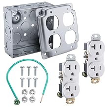 Electrical Outlet Box Kit with 4x4 Welded Metal Electrical Box, 2 Tamper Resistant 20 Amp Duplex Receptacle Outlets, Duplex Receptacle Cover, Pigtail Grounding Wire and Screws