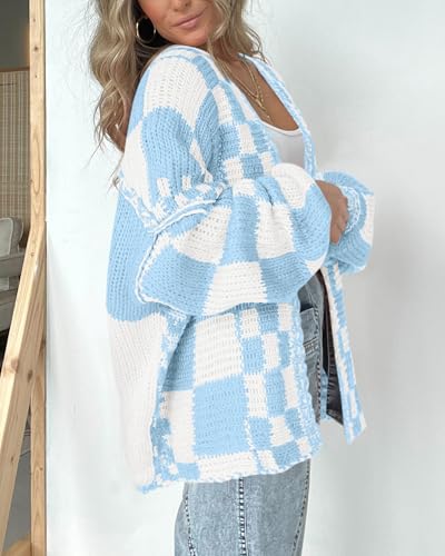 Image of BTFBM Casual Cardigan Sweater for Women Fall 2026 Long Sleeve Open Front Chunky Knit Sweaters Checkered Outwear Coat