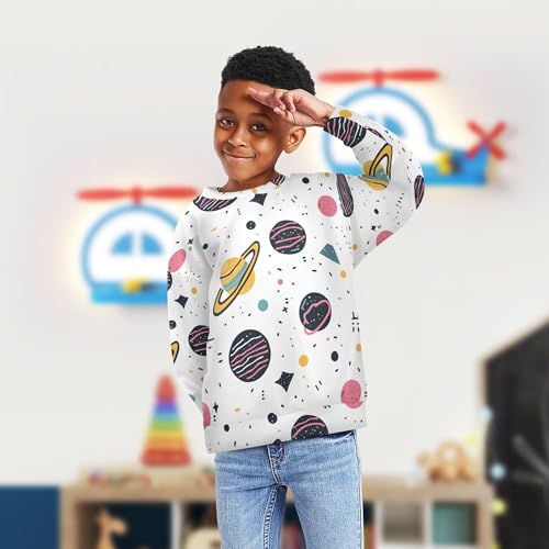 JUNZAN Cartoon Outer Planets Alphabet White Big Girls Sweatshirts Hoodies Crewneck Boys Sweat Shirt Athletic 4T4