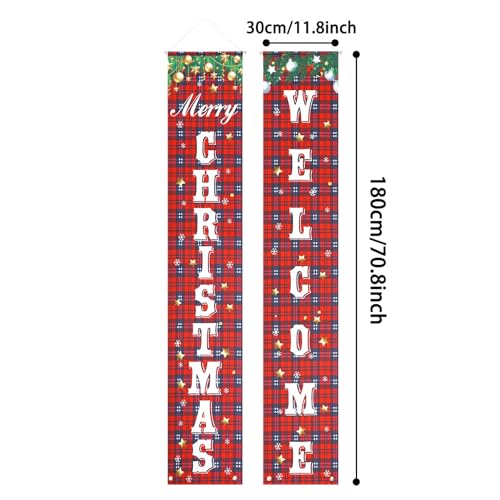 Merry Christmas Banner, Buffalo Plaid Welcome Banner - Front Porch/Door Sign for Indoor/Outdoor Wall