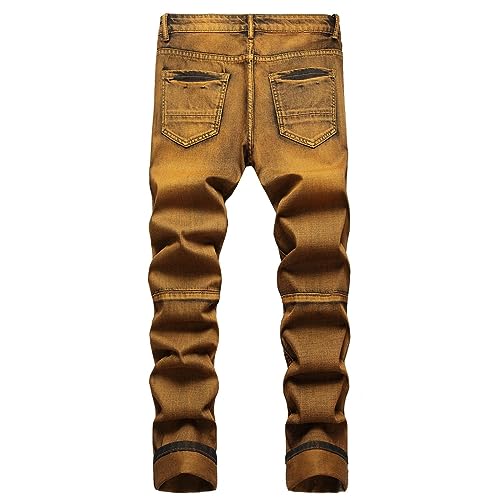 New and Style Digital Print Vintage Ripped Straight Tube Color Contrast Slim Stretch Denim Pants Boy Slip (02-Bronze, M)2