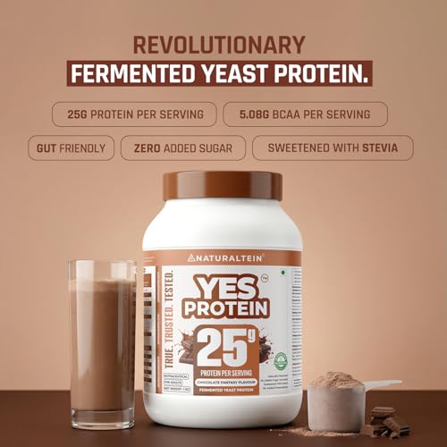 Image of Naturaltein YES Protein 1kg | Fermented Yeast Vegan Protein Powder | Chocolate Flavour | 25g Protein & 5.08g BCAA Per Serving | No Added Sugar | Naturally Sweetened | Digestive Enzymes | Heavy Metal Tested | 28 Servings
