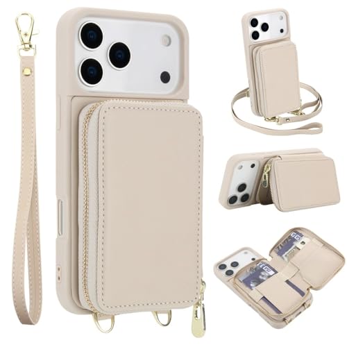 Étui en cuir iPhone 15 Pro Max abricot avec portefeuille zip et porte-cartes pratique