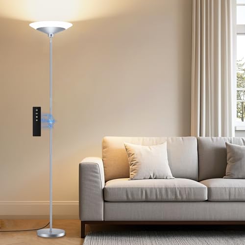 SIBRILLE Silver Torchiere Floor Lamp - 30W Dimmable LED Standing Lamp with Remote/Button Control, 1800Lm, 3000-6500K, 72in Bright Standing Pole Light for Living Room Bedroom Office Corner