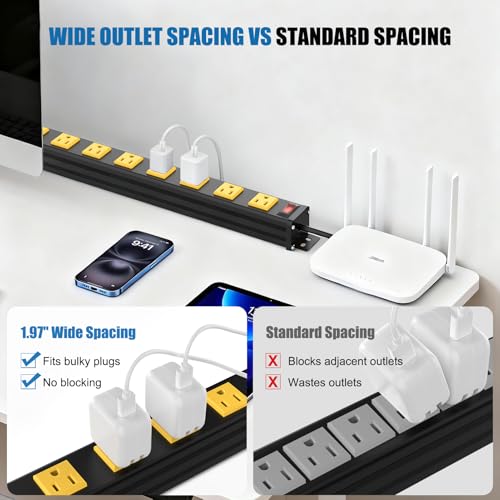 Image of 8 Outlet Wall Mount Metal Power Strip, 1.97 Inch Wide Spacing Flat Plug, 6FT 14AWG Extension Cord with Switch, 15A 1875W ETL Listed for Garage, Workshop, Home