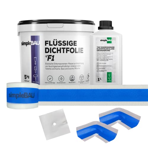 simpleBAU FLÜSSIGE DICHTFOLIE F1 5 kg+ Tief eindringende, kleinmolekulare Grundierung 1L + 5m Dichtband + 2 Innenecken + 1 Wandmanschetten Cover