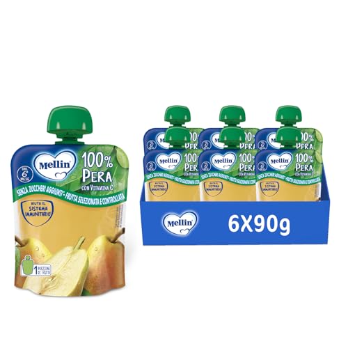 Mellin, Pouch Merenda 100% Pera con Vitamina C - 6 Confezioni da 90 Gr