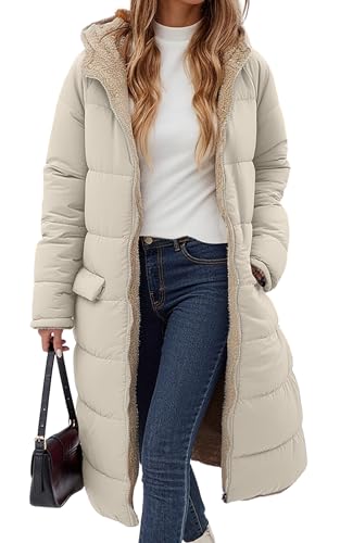 Image of ECOWISH Women Winter Puffer Jacket - Reversible Fur Fleece Lined Hood Zip Sherpa Coat Parka Padded Long Outerwear Light Khaki Medium