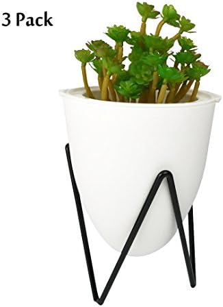 3 Pack Modern White Self Watering Plastic Planter with Black Metal Iron Stand Base Sphere Indoor Pot Vase for Succulent Cactus Air Plant African Violet Flower Office Home Desktop Decorative Desk Decor
