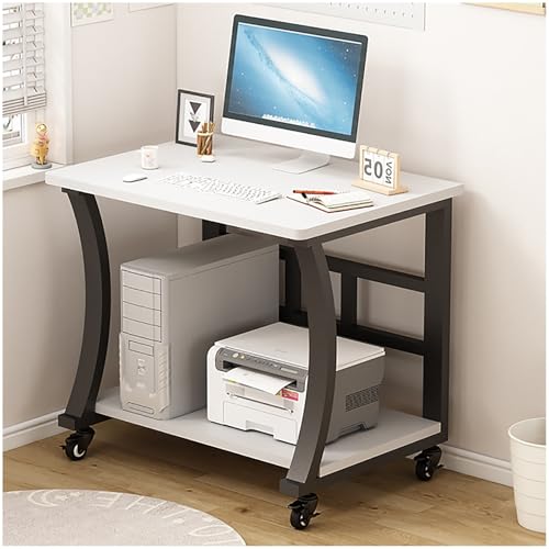 コンピューターホームオフィスデスク、プリンター棚付きモダンシンプルスタイルコンピューターテーブル、キャスター付き勉強・ゲームデスク、ホームオフィスと勉強用のスタンディングデスク(White+Black,90cm/35.43in)