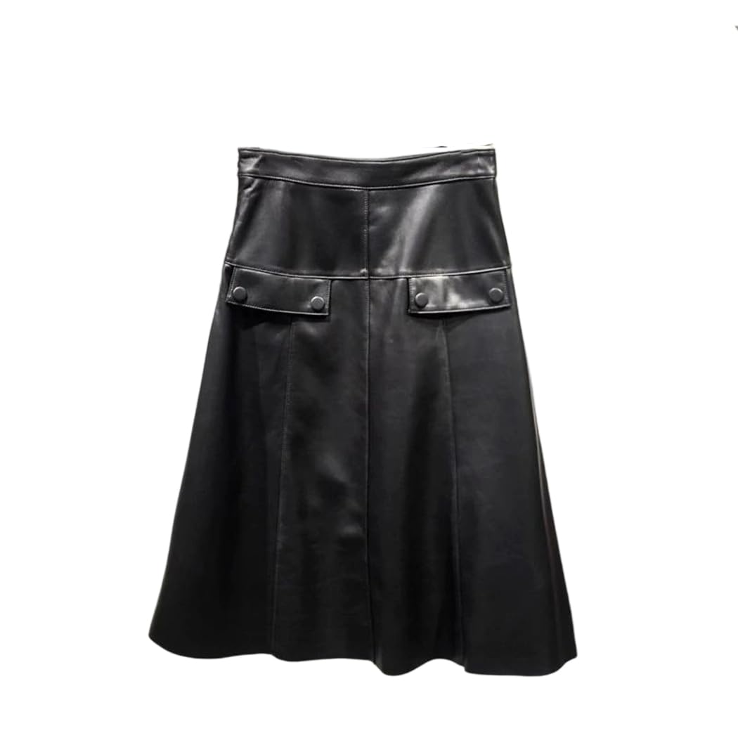 Women Genuine Leather A-Line Skirt High Waist Over Knee Long Fashion Streetwear Midi Skirt