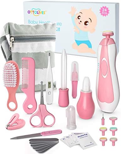 OTTOLIVES Baby Healthcare and Grooming Kit, 24 in 1 Baby Electric Nail Trimmer Set Newborn Nursery Health Care Set for Newborn Infant Toddlers Baby Boys Girls Kids Haircut Tools (0-3 Years+) (Pink)