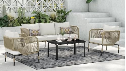 Image of 4-Piece Outdoor Indoor Rope Patio Furniture Set Conversation Garden Waterproof Weaving Rope Bistro Set for Balcony Lawn Garden Terrace (Off White0036)