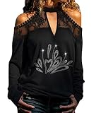 Onsoyours Langarmshirt Damen Spitze Bluse Sexy V Ausschnitt Shirt Slim Fit Einfarbig Patchwork Spitzenbluse Mit Floral Elegant Tunika Oberteil Top 4 Schwarz XL