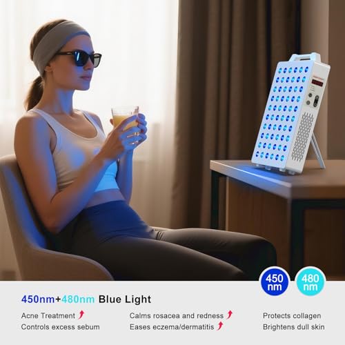 Image of BONTANNY Blue /Yellow Light Therapy, 450 /480 /590nm 3 Wavelengths Blue Yellow Light Device with 60 Dual Chip Clinical Grade LEDs, Remote Control, Timer for Face, Body, Improve Skin, BO-300 (White)