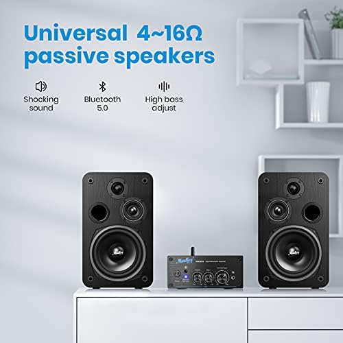 Bluetooth Hi-Fi Amplifier, Moukey 5.0 Stereo Audio Power Amplifier Receiver 2 x 100W, 2 Channel Class D for Home Speakers with Bass and Treble Control /remote control /Power Supply/Monitoring-MAMP4