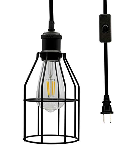 Creative Hobbies Industrial Hanging Pendant Light with Plug-in Cord | Vintage Wire Cage Lamp for Various Spaces | 15' Cord with On/Off Switch | Matte Black