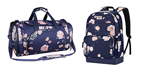 Mosiso 15.6-16 Inch Laptop Backpack For Women With Luggage Strap & Usb Charging Port, Sports Duffel Peony Gym Bag With Shoe Compartment&Camellia Travel Business Bag, Blue #TOP19