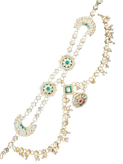 THE OPAL FACTORYTOF Hair Jewellery/Hair Pin/Hair Clip/Gold Plated Borla Maang Tikka Bridal Sheeshphool Rajasthani Maang Tikka With Borla and Multi Layered Mathapatti For Women (Multilayer Green)