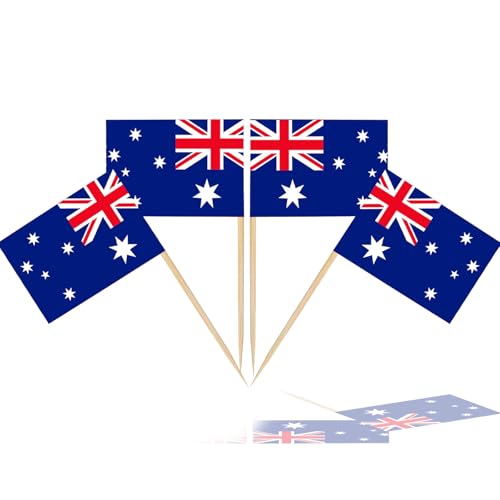 Zahnstocher Flaggen Australien Cocktail Stick Flaggen,100 Stück Australische Deko Fahne Mini Cupcake Topper Kleine Zahnstocher Australien Fähnchen für Torten Fußball EM Eurovision WM Bar Party Dekor