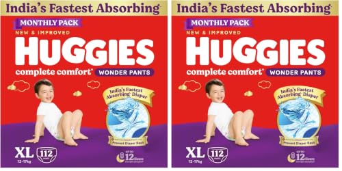 Image of Huggies Complete Comfort Wonder Pants | Pant Style Baby Diapers XL Size, 112 Count | India's Fastest Absorbing Diaper, Patented Dry Xpert Channel, Ideal for 12 to 17 Kgs (Pack of 2)