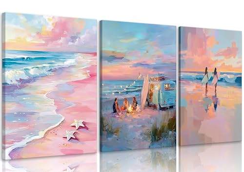 MDHFJEAW Pink Coastal Canvas Wall Art, 3 Panel Preppy Beach