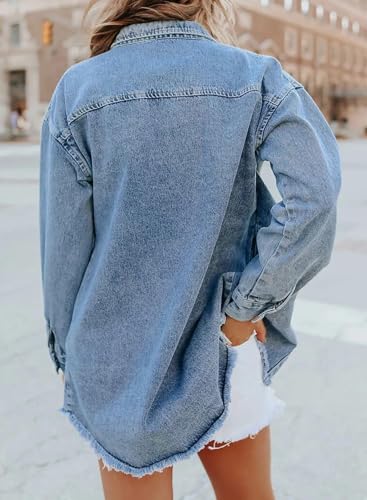 The Beauty North Denim Jacket, Women’s Oversized Button Up Frayed Hem Shacket Long Sleeve Pockets Denim Jean Jacket4