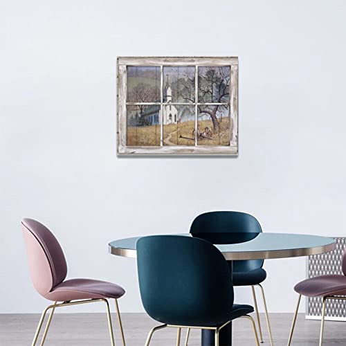 Country Church Wall Art Christian Church Pictures Wall Decor 3D Window Church Canvas Painting Print Rustic Religion Faith Farmhouse Home Decor Artworks Framed For Living Room Bedroom Office 20"X16" #TOP3