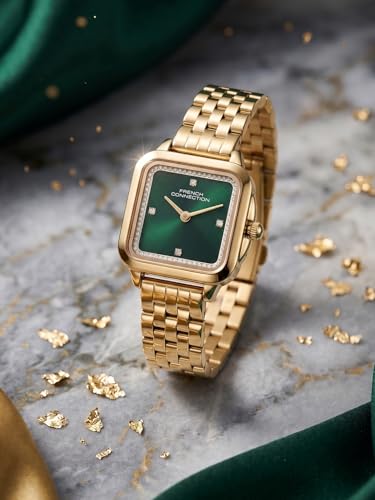 Image of French Connection Bijou Carre | Analog Display | Green Sunray Dial | Stainless Steel Strap | Watch for Women - FCN0217NGM