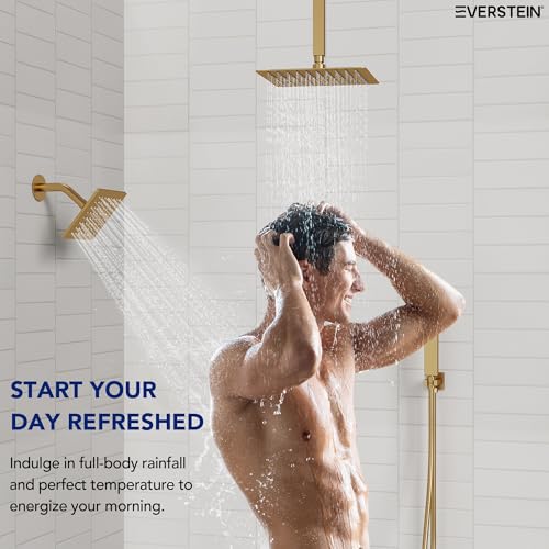 Image of Ceiling Mount 12 inch High-Pressure Rainfall Shower Faucet, Dual Rainfall Shower Head System with Valve (Brushed Gold)