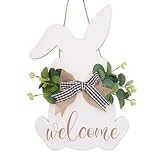 Easter Decorations Door Hanging Sign,Cute Wooden Bunny Wreath Welcome Sign with Bow & Leaves,Easter Hanging Wall Decororations for Rustic Spring Front Door,Wall,Porch,Farmhouse,Window (White)