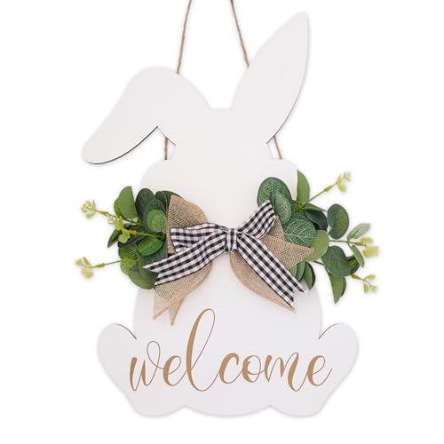 Easter Decorations Door Hanging Sign,Cute Wooden Bunny Wreath Welcome Sign with Bow & Leaves,Easter Hanging Wall Decororations for Rustic Spring Front Door,Wall,Porch,Farmhouse,Window (White)