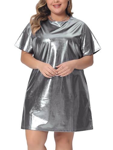 Image of Agnes Orinda Plus Size Dress for Women Metallic Round Neck Short Sleeve Party Clubwear Loose Mini T-Shirt Dress