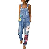 Akivide Women's Floral Denim Jumpsuit Bib Overalls, Plus Size Casual Adjustable Straps Sleeveless Je