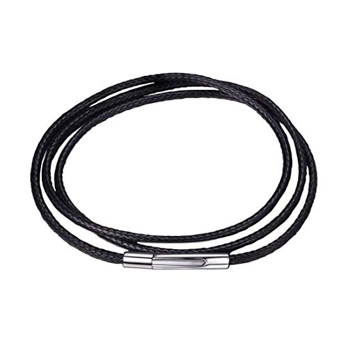 U7 Leather Necklace Cord with Customizable Stainless Steel/Black Clasp, Waterproof Black/Brown Woven Wax Rope Chain for Men Women 1.5/2/3mm, Length 16