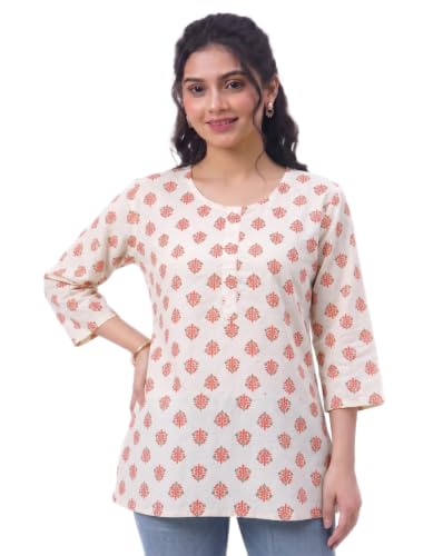 Image of White Block Print Short Kurti | Pure Cotton Kurti for Girls (Color May Vary According to Stock)