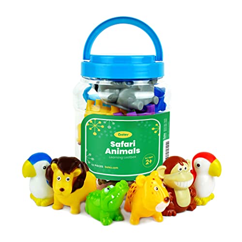 Image of Boley Safari Animals Bath Toy Bucket - 12 Pc Set of Pool & Bath Toys for Toddlers - Educational & Safe Plastic Figures for Ages 2+ - Fun and Durable Jungle Animal Playset in Storage Container