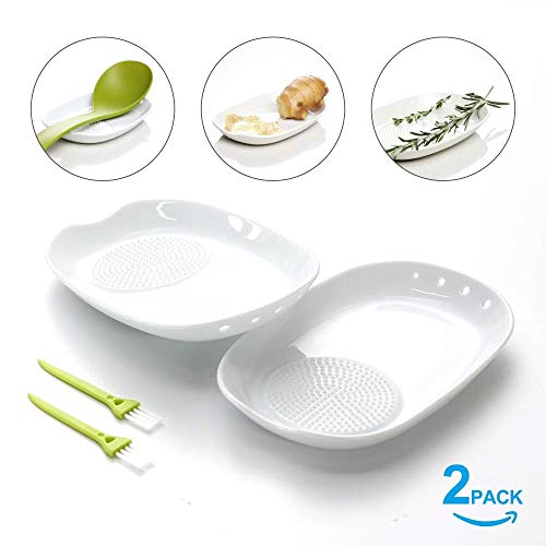 Kitchendao - Rallador de jengibre de cerámica 3 en 1 con cepillo pequeño, 2 unidades, placa de rallador de porcelana para jengibre, ajo, cebolla y más, fácil de limpiar y almacenar