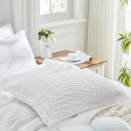 Image of Zzlpp King Comforter Set 7 Pieces, White Seersucker Bed in a Bag with Comforter and Pillowcases, All Season Bedding Sets with 1 Comforter, 2 Pillow Shams, 2 Pillowcases, 1 Fitted Sheet