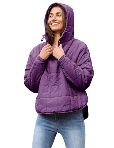 Bianstore Women's Oversized Puffer Jacket Lightweight Pullover Hoodies Winter Padded Coat Tops(Purple-L)