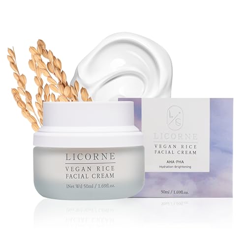 LICORNE Vegan Rice Facial Cream, Lightweight Daily Moisturizer for Glass Skin, Rice Bran Water & AHA PHA for Smoothing Texture, Non-Sticky Face Lotion for Oily & Sensitive Skin, 1.69 fl oz