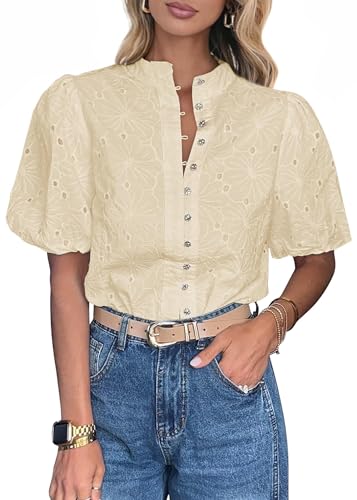 Lazysmile Summer Boho Tops for Women Short Sleeve V Neck Button Down Hollow Out Lace Embroidered Blouses Shirts Apricot