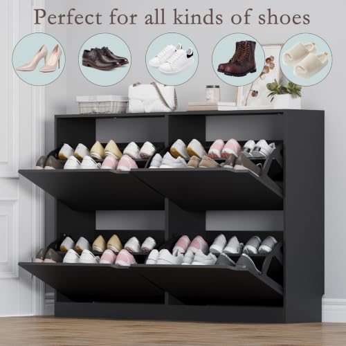 Image of BORNOON Shoe Cabinet with 4 Flip Drawers, Narrow Hidden Shoe Storage Cabinet, Slim Freestanding Shoe Rack Organizer for Entryway, Hallway, Bedroom, Living Room