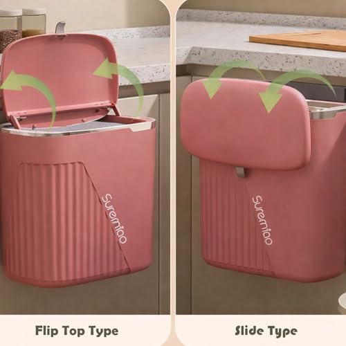 Image of Kriva Hanging Trash Can for Kitchen Cabinet Door with Lid | Small Under Sink Garbage Can Trash Bin for Bathroom,Wall Mounted Counter Waste Kitchen Dustbin, 1 Pc (Cherry)