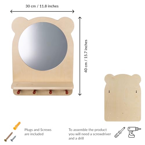 ODOXIA Montessori Badezimmerspiegel mit Haken | Kinderspiegel Badezimmer mit Ablage | Montessori Möbel zur Selbstständigkeit | Montessori Spiegel mit Regal und Haken für Kinder | Selbstpflege Station