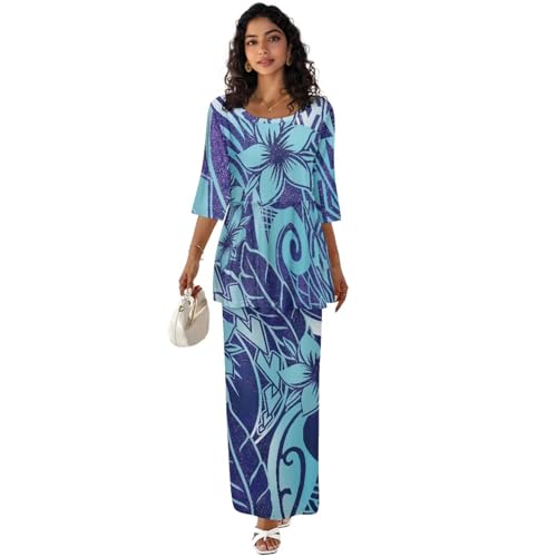 Hawaiian Flower Print Women Ruffle Top Long Skirts Set Half Sleeve Top High Waist Maxi Skirts for Party, Wedding